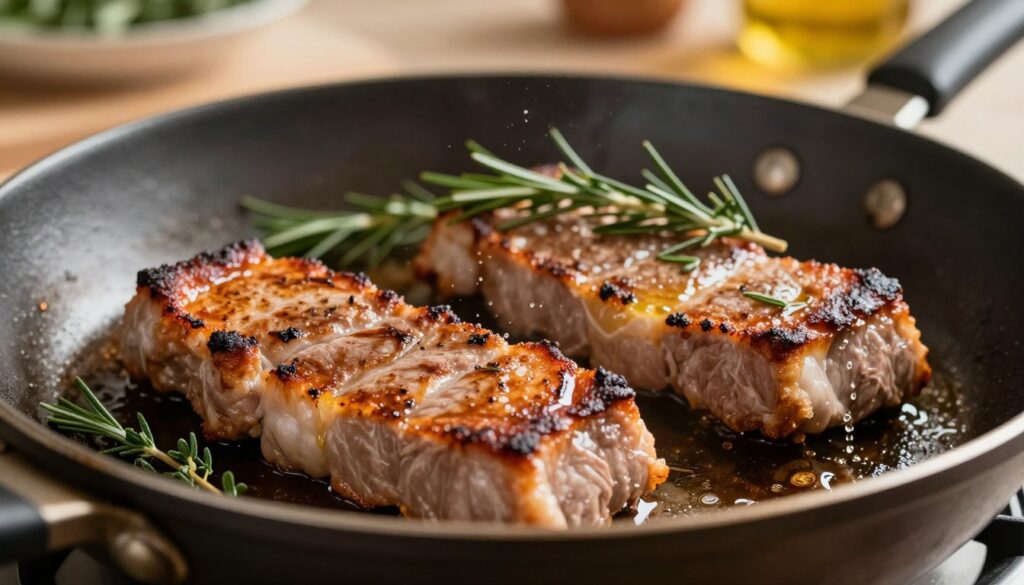 A close-up view of succulent pork tenderloin sizzling on a well-seasoned skillet. The tenderloins are golden-brown with crispy edges, and small droplets of oil are splattering around. In the foreground, a spatula gently lifts one piece, showcasing its juiciness. The middle ground includes a few sprigs of fresh herbs, like thyme and rosemary, enhancing the dish's flavor and aroma. The background is softly blurred, revealing a cozy kitchen setting with warm, ambient lighting that creates an inviting atmosphere. The scene is captured at a slight angle, utilizing a shallow depth of field to focus on the tenderloins, generating a mouth-watering representation of the cooking process.