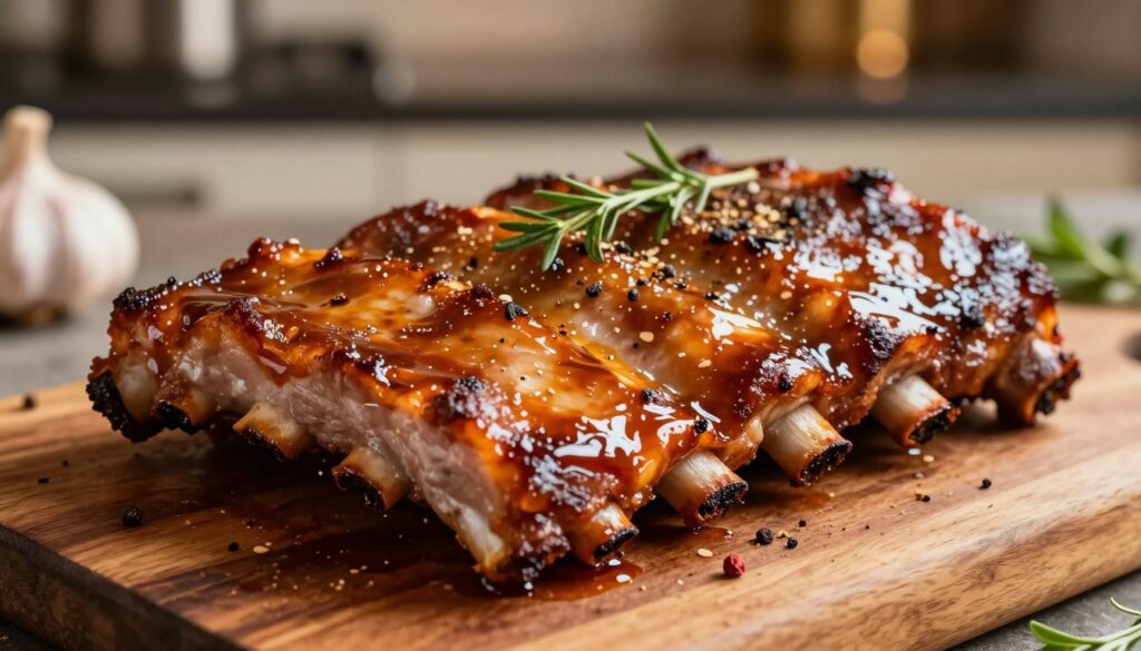 A close-up view of tender, juicy pork ribs glistening with a rich, caramelized glaze, showcasing their succulent texture. The ribs are presented on a rustic wooden platter, garnished with fresh herbs and a sprinkle of spices, evoking an enticing aroma. In the background, a softly lit kitchen setting with warm, ambient lighting enhances the inviting atmosphere, while hints of garlic and herbs are visible around the edges. The angle captures the ribs from slightly above, focusing on the intricate details of the meat and glaze, inviting the viewer to imagine the flavors. The overall mood is warm and appetizing, embodying a mouthwatering feast.