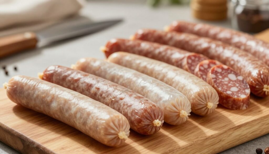 A close-up view of various sausage casings displayed on a wooden cutting board, emphasizing their texture and color. The foreground features a selection of natural and synthetic casings, with attention to their intricate details, showcasing translucent and opaque variations. In the middle ground, fresh sausages are neatly arranged, some sliced to reveal juicy meat inside, hinting at the importance of proper casing in cooking. The background is softly blurred with kitchen utensils and spices, creating a warm and inviting atmosphere. The lighting is soft and natural, casting gentle shadows that highlight the rich textures. Use a shallow depth of field to focus on the casings, evoking an artisanal feel, while maintaining a clean and professional look. A close-up view of various sausage casings displayed on a wooden cutting board, emphasizing their texture and color. The foreground features a selection of natural and synthetic casings, with attention to their intricate details, showcasing translucent and opaque variations. In the middle ground, fresh sausages are neatly arranged, some sliced to reveal juicy meat inside, hinting at the importance of proper casing in cooking. The background is softly blurred with kitchen utensils and spices, creating a warm and inviting atmosphere. The lighting is soft and natural, casting gentle shadows that highlight the rich textures. Use a shallow depth of field to focus on the casings, evoking an artisanal feel, while maintaining a clean and professional look.