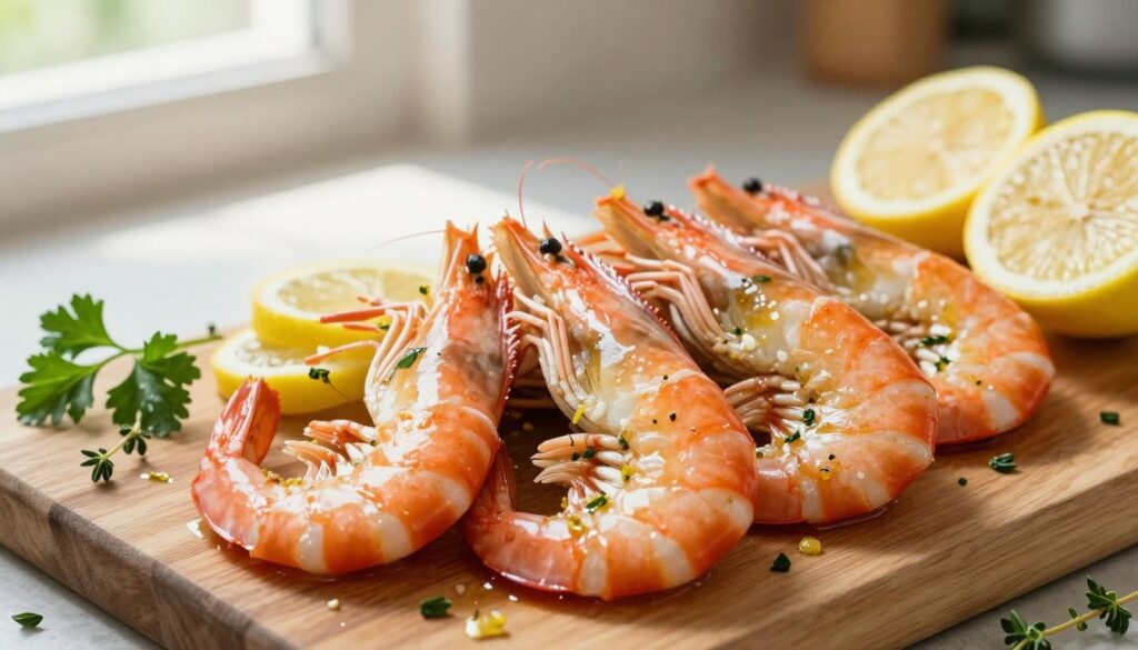 A close-up view of vibrant tiger prawns, glistening with a light marinade of garlic, lemon zest, and fresh herbs. The prawns are arranged artfully on a wooden cutting board, surrounded by halved lemons and scattered herbs like parsley and thyme. In the background, there’s a soft-focus kitchen setting with a hint of sunlight streaming through a window, creating a warm, inviting atmosphere. The lighting is natural and bright, highlighting the textures of the prawns and the freshness of the ingredients. Capture the scene from a slightly elevated angle to emphasize the colors and details of the marinade, evoking a culinary delight ready for preparation. A close-up view of vibrant tiger prawns, glistening with a light marinade of garlic, lemon zest, and fresh herbs. The prawns are arranged artfully on a wooden cutting board, surrounded by halved lemons and scattered herbs like parsley and thyme. In the background, there’s a soft-focus kitchen setting with a hint of sunlight streaming through a window, creating a warm, inviting atmosphere. The lighting is natural and bright, highlighting the textures of the prawns and the freshness of the ingredients. Capture the scene from a slightly elevated angle to emphasize the colors and details of the marinade, evoking a culinary delight ready for preparation.