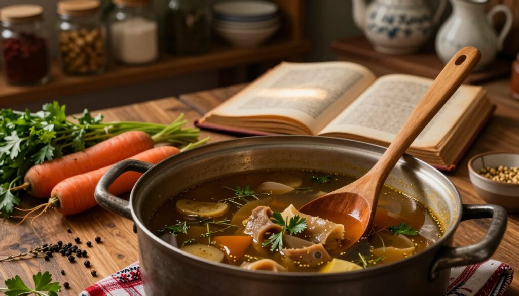 A cozy kitchen scene featuring a rustic wooden table adorned with traditional Polish ingredients for preparing flaki. In the foreground, a large pot full of simmering tripe soup with rich, dark broth and herbs visible. Close-up details, such as a wooden spoon stirring the pot, hints of spices like marjoram and black pepper scattered around, and vibrant colors of fresh vegetables like carrots and parsley are included. In the middle ground, a vintage cookbook opens to a recipe page, casting a warm, inviting glow. Soft, amber lighting enhances the atmosphere, emphasizing the warmth and comfort associated with traditional cooking. The background showcases shelves lined with jars of spices and rustic kitchenware, creating a homely and inviting ambiance. A cozy kitchen scene featuring a rustic wooden table adorned with traditional Polish ingredients for preparing flaki. In the foreground, a large pot full of simmering tripe soup with rich, dark broth and herbs visible. Close-up details, such as a wooden spoon stirring the pot, hints of spices like marjoram and black pepper scattered around, and vibrant colors of fresh vegetables like carrots and parsley are included. In the middle ground, a vintage cookbook opens to a recipe page, casting a warm, inviting glow. Soft, amber lighting enhances the atmosphere, emphasizing the warmth and comfort associated with traditional cooking. The background showcases shelves lined with jars of spices and rustic kitchenware, creating a homely and inviting ambiance.