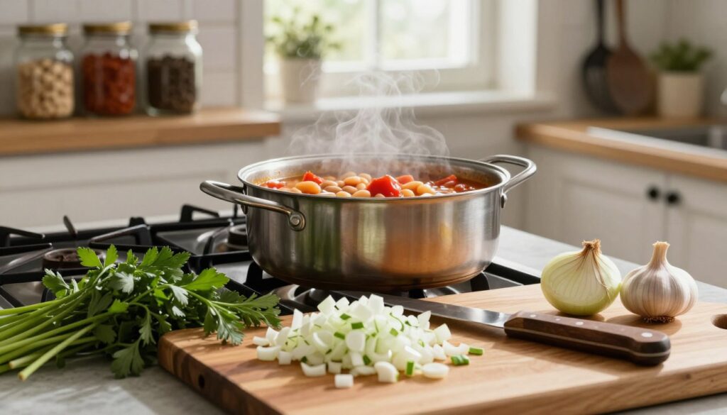 A cozy kitchen scene focused on the preparation of a rich, aromatic base for “fasolka po bretońsku.” In the foreground, a wooden cutting board displays finely chopped onions, garlic, and fresh herbs, with a rustic knife beside them. The middle ground showcases a pot simmering on the stove, filled with beans, diced tomatoes, and a golden broth, with steam gently rising. The background features soft, warm lighting from a window, illuminating jars of spices on a shelf and kitchen utensils hanging. This image conveys a warm, inviting atmosphere, reflecting the essence of homemade cooking. Aim for a high-resolution image with a bright and inviting color palette, creating a sense of comfort and culinary expertise.