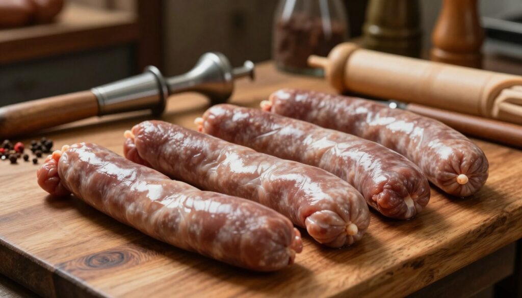 A detailed view of pig intestines, clean and prepared for sausage stuffing, laid out on a wooden countertop. The foreground focuses on the smooth, glistening surfaces of the intestines, showcasing their natural color and texture. In the middle, there are neatly arranged tools for processing and stuffing, such as a sausage stuffer and spices, hinting at the preparation process. The background features a rustic kitchen setting with hints of traditional sausage-making equipment and ingredients, softly illuminated by warm, ambient lighting to create a cozy and inviting atmosphere. The image should evoke a sense of craftsmanship and culinary tradition, capturing the essence of food preparation with an emphasis on quality and care. A detailed view of pig intestines, clean and prepared for sausage stuffing, laid out on a wooden countertop. The foreground focuses on the smooth, glistening surfaces of the intestines, showcasing their natural color and texture. In the middle, there are neatly arranged tools for processing and stuffing, such as a sausage stuffer and spices, hinting at the preparation process. The background features a rustic kitchen setting with hints of traditional sausage-making equipment and ingredients, softly illuminated by warm, ambient lighting to create a cozy and inviting atmosphere. The image should evoke a sense of craftsmanship and culinary tradition, capturing the essence of food preparation with an emphasis on quality and care.