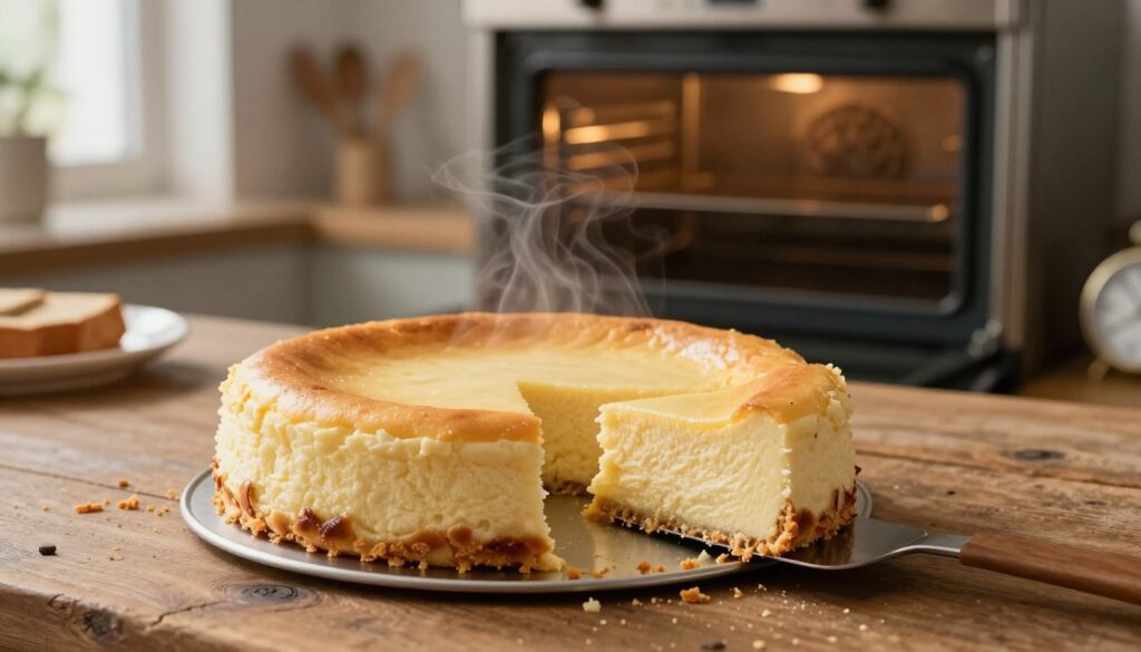 A freshly baked cheesecake positioned on a rustic wooden table, showcasing its perfectly smooth surface with a light golden-brown top. In the foreground, a spatula is gently lifting a slice from the cake, revealing its creamy interior. Delicate crumbs scattered around the base add a touch of realism. The middle of the image features an open oven with visible heat waves, casting a warm glow, symbolizing the baking process. In the background, soft-focus kitchen utensils and a timer subtly suggest the careful monitoring required during baking. The overall ambiance is warm and inviting, with natural light streaming through a nearby window, enhancing the dessert's texture and color. The mood conveys a sense of precision and care in the art of baking.