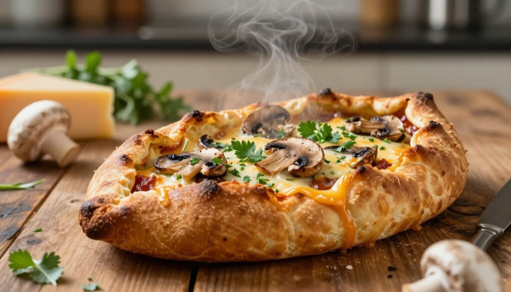 A freshly baked, golden-brown zapiekanka, with a perfectly crispy crust and steaming hot, juicy interior, takes center stage in the foreground. The zapiekanka is generously topped with melted cheese, vibrant slices of mushrooms, fresh herbs, and a drizzle of rich sauce, showcasing its appetizing texture. The middle ground features a rustic wooden table with a few scattered ingredients like mushrooms, cheese, and herbs, enhancing the culinary appeal. In the background, a softly blurred kitchen setting, warm light illuminating the scene, creates a cozy atmosphere. The overall mood is inviting and mouthwatering, emphasizing the contrast between the crispy exterior and the succulent filling, captured from a slightly angled perspective to highlight the layers of this delicious dish.
