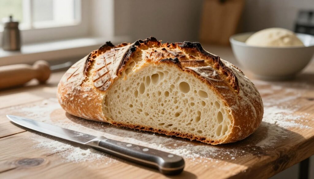 A freshly baked loaf of "chleb pszenny" on a rustic wooden table, showcasing its golden-brown, crispy crust with intricate scoring patterns atop. The loaf is sliced, revealing the fluffy, elastic interior that exudes warmth and freshness. In the foreground, a scattering of flour and an elegant bread knife hint at the baking process. The soft, diffused sunlight from a nearby window casts gentle shadows, enhancing the texture of the bread. In the background, a blurred kitchen scene with vintage baking tools and a bowl of dough adds context to the ambience. The overall mood is warm and inviting, embodying the satisfaction of artisanal baking. A freshly baked loaf of "chleb pszenny" on a rustic wooden table, showcasing its golden-brown, crispy crust with intricate scoring patterns atop. The loaf is sliced, revealing the fluffy, elastic interior that exudes warmth and freshness. In the foreground, a scattering of flour and an elegant bread knife hint at the baking process. The soft, diffused sunlight from a nearby window casts gentle shadows, enhancing the texture of the bread. In the background, a blurred kitchen scene with vintage baking tools and a bowl of dough adds context to the ambience. The overall mood is warm and inviting, embodying the satisfaction of artisanal baking.