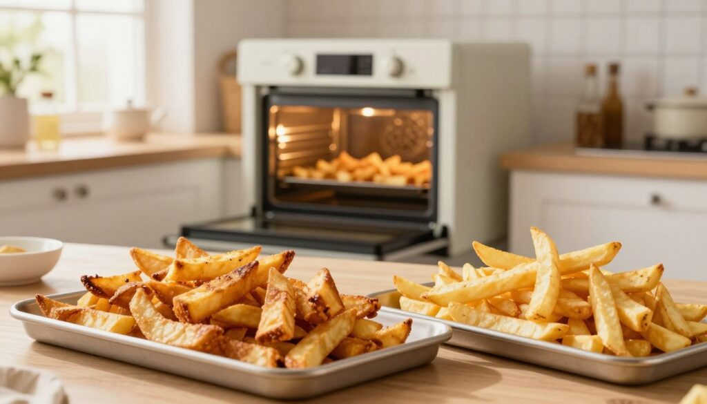 A high-resolution image showcasing two distinct trays of fries: one tray with golden-brown, crispy homemade fries and the other with perfectly cooked frozen fries, both presented side by side in an inviting kitchen setting. The foreground features a close-up of the fries, highlighting their texture and color. The middle layer contains a modern oven with its door slightly ajar, revealing the fries inside, illuminated by warm, ambient lighting. The background shows a cheerful kitchen, with utensils and spices arranged neatly, creating a cozy atmosphere. A soft, diffused sunlight filters through a window, enhancing the overall warmth of the scene, emphasizing the difference in baking times for both types of fries. No text or overlays should be present.