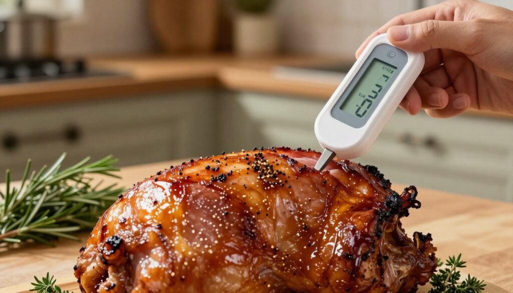 A kitchen scene featuring a close-up of a digital meat thermometer being inserted into a perfectly roasted ham. The thermometer's screen displays an inviting temperature reading. In the foreground, the glossy surface of the ham glistens with spices and a caramelized glaze, showcasing its juicy texture. The middle ground includes a cutting board and fresh herbs such as rosemary and thyme, enhancing the culinary ambiance. The background is softly blurred, revealing a warm, rustic kitchen with soft lighting that casts gentle shadows, evoking a cozy and inviting atmosphere. The overall mood is one of culinary mastery and delicious anticipation, underscoring the importance of temperature control in cooking. A kitchen scene featuring a close-up of a digital meat thermometer being inserted into a perfectly roasted ham. The thermometer's screen displays an inviting temperature reading. In the foreground, the glossy surface of the ham glistens with spices and a caramelized glaze, showcasing its juicy texture. The middle ground includes a cutting board and fresh herbs such as rosemary and thyme, enhancing the culinary ambiance. The background is softly blurred, revealing a warm, rustic kitchen with soft lighting that casts gentle shadows, evoking a cozy and inviting atmosphere. The overall mood is one of culinary mastery and delicious anticipation, underscoring the importance of temperature control in cooking.