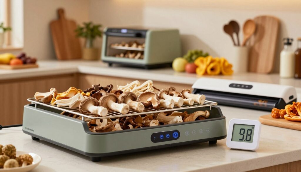 A modern kitchen featuring alternative mushroom drying methods, showcasing a sleek dehydrator with an assortment of freshly harvested mushrooms carefully arranged on its trays. In the foreground, a close-up of a digital thermometer displaying an optimal drying temperature. The middle ground includes a countertop filled with vibrant, colorful fungi and innovative drying devices, like a food dehydrator and a vacuum sealer, creating an inviting and organized atmosphere. The background features warm, ambient lighting that highlights the textures of the mushrooms and the devices, with a soft-focus view of neatly organized kitchen tools. The overall mood is modern and efficient, combining culinary innovation with nature's bounty.
