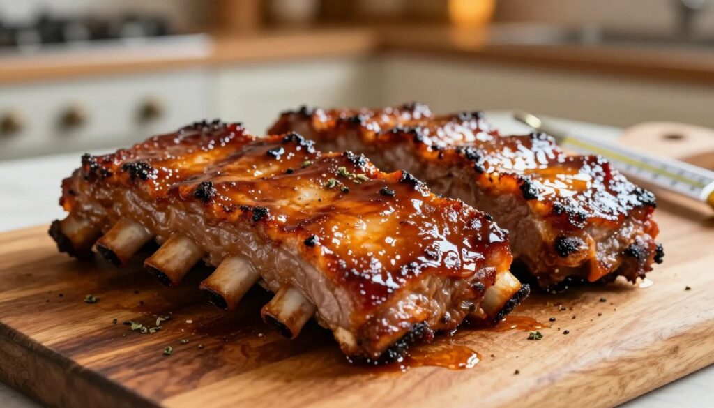A mouthwatering, close-up shot of perfectly cooked pork ribs glistening with a rich, sticky glaze, showcasing their tenderness and juiciness. The ribs should be placed on a rustic wooden cutting board with a light sprinkle of herbs for garnish. In the background, a hints of a warm, inviting kitchen can be seen, with soft, ambient lighting highlighting the delicious texture of the meat. A thermometer rests beside the ribs, emphasizing the importance of checking doneness. The scene is vibrant, evoking a cozy, appetizing atmosphere, perfect for home cooking. The image should be shot from a slightly elevated angle, focusing on the ribs while keeping the background softly blurred for depth.