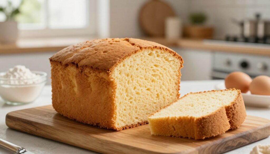 A perfectly baked, fluffy sponge cake, or "biszkopt puszysty," displayed in a well-lit kitchen environment. In the foreground, the golden-brown cake sits on a rustic wooden cutting board, sliced to reveal its airy, light texture. The camera angle captures the cake from a slightly elevated perspective, allowing the viewer to see its generous height and soft crumb. In the background, a cozy kitchen table is adorned with baking ingredients such as flour, eggs, and sugar, subtly out of focus to maintain attention on the cake. Soft, natural lighting from a nearby window creates a warm and inviting atmosphere, emphasizing the cake's inviting softness and the care put into its baking. A perfectly baked, fluffy sponge cake, or "biszkopt puszysty," displayed in a well-lit kitchen environment. In the foreground, the golden-brown cake sits on a rustic wooden cutting board, sliced to reveal its airy, light texture. The camera angle captures the cake from a slightly elevated perspective, allowing the viewer to see its generous height and soft crumb. In the background, a cozy kitchen table is adorned with baking ingredients such as flour, eggs, and sugar, subtly out of focus to maintain attention on the cake. Soft, natural lighting from a nearby window creates a warm and inviting atmosphere, emphasizing the cake's inviting softness and the care put into its baking.