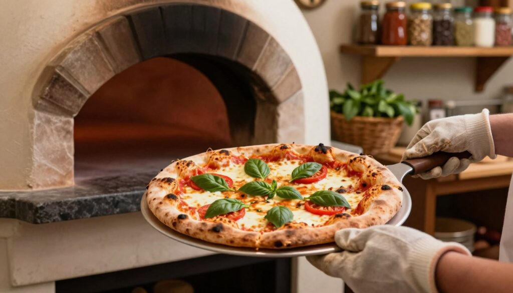 A perfectly baked pizza being pulled from a traditional stone oven, its crust golden brown and slightly charred, with melting mozzarella cheese bubbling on top and vibrant toppings like fresh basil and ripe tomatoes. In the foreground, hands wearing professional kitchen gloves are grasping the pizza peel, demonstrating the ideal technique for removing the pizza. Soft, warm lighting highlights the textures and colors of the pizza, creating an inviting atmosphere. In the middle ground, the stone oven's arch can be seen, with heat emanating from within, while the background features a cozy Italian kitchen, complete with wooden shelves filled with spices and herbs. The overall mood is warm and appetizing, celebrating the art of pizza making.