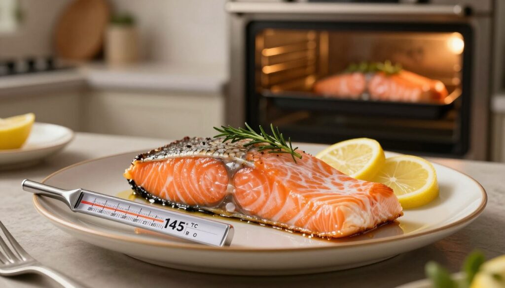 A perfectly cooked salmon fillet resting on a sophisticated, elegant plate, garnished with fresh herbs and lemon slices, showcasing its moist, flaky texture. In the foreground, a thermometer indicating the ideal baking temperature of 145°F is artistically placed next to the fillet. The middle ground features a stylish kitchen setting, with soft, warm lighting highlighting the intricate details of the dish. In the background, a blurred view of an oven with a view of the baking salmon creates a cozy and inviting atmosphere. Use a macro lens perspective to capture the exquisite details of the salmon while maintaining a harmonious composition that embodies warmth and culinary artistry.