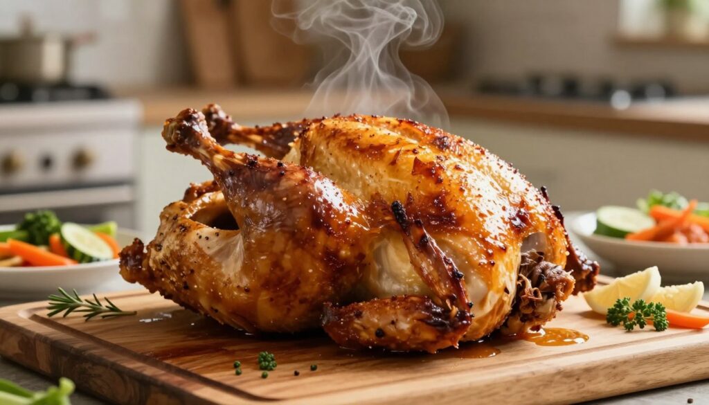 A perfectly roasted whole chicken, golden brown and glistening with juices, placed on a rustic wooden cutting board. The skin is crispy and slightly caramelized, showcasing a mouthwatering texture. Accompanying the chicken are vibrant side dishes like seasonal vegetables and herbs, adding color and freshness. The background features a cozy kitchen setting with soft, warm lighting that creates a homely atmosphere. A slight steam rises from the chicken, emphasizing its juiciness. The angle captures the chicken from a slightly elevated perspective, drawing focus to its appealing details. The mood is inviting and appetizing, perfect for illustrating the art of roasting chicken at the ideal temperature for a succulent interior and crispy exterior. A perfectly roasted whole chicken, golden brown and glistening with juices, placed on a rustic wooden cutting board. The skin is crispy and slightly caramelized, showcasing a mouthwatering texture. Accompanying the chicken are vibrant side dishes like seasonal vegetables and herbs, adding color and freshness. The background features a cozy kitchen setting with soft, warm lighting that creates a homely atmosphere. A slight steam rises from the chicken, emphasizing its juiciness. The angle captures the chicken from a slightly elevated perspective, drawing focus to its appealing details. The mood is inviting and appetizing, perfect for illustrating the art of roasting chicken at the ideal temperature for a succulent interior and crispy exterior.