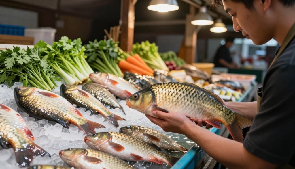A picturesque local fish market scene featuring a variety of fresh carp displayed on ice. In the foreground, a skilled fishmonger examines a plump, glistening carp, showcasing its smooth scales and bright eyes, emphasizing its freshness. In the middle ground, other carp are arranged attractively, some still swimming in shallow tanks, while vibrant vegetables and herbs accentuate the area, hinting at their aromatic potential when cooked. The background includes rustic wooden stalls and a soft glow from overhead lights, creating a warm, inviting atmosphere. The composition should be captured from a low angle to enhance the feeling of abundance and freshness, with natural lighting highlighting the textures of the fish and the vibrancy of the market. The overall mood should convey a sense of quality and care in selecting the perfect carp. A picturesque local fish market scene featuring a variety of fresh carp displayed on ice. In the foreground, a skilled fishmonger examines a plump, glistening carp, showcasing its smooth scales and bright eyes, emphasizing its freshness. In the middle ground, other carp are arranged attractively, some still swimming in shallow tanks, while vibrant vegetables and herbs accentuate the area, hinting at their aromatic potential when cooked. The background includes rustic wooden stalls and a soft glow from overhead lights, creating a warm, inviting atmosphere. The composition should be captured from a low angle to enhance the feeling of abundance and freshness, with natural lighting highlighting the textures of the fish and the vibrancy of the market. The overall mood should convey a sense of quality and care in selecting the perfect carp.