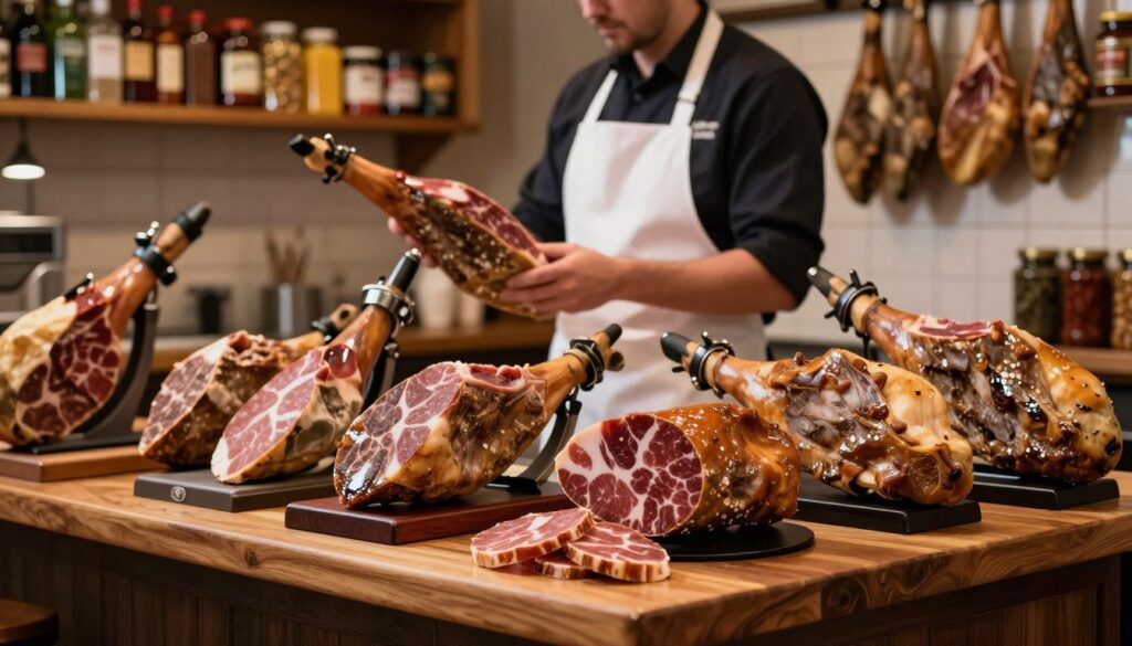 A rustic butcher shop interior, focusing on an inviting display of various high-quality hams on a wooden countertop. The foreground features a selection of whole and sliced hams, showcasing their rich, marbled textures and glistening sheen. The middle section features a butcher in a white apron, examining the hams, depicted in a professional manner. In the background, shelves lined with spices and marinades hint at the preparation process. Soft, warm lighting highlights the details, creating a cozy atmosphere reminiscent of a traditional kitchen. Use a shallow depth of field to emphasize the hams while maintaining a slight blur on the background, enhancing the inviting and authentic feel of the scene. A rustic butcher shop interior, focusing on an inviting display of various high-quality hams on a wooden countertop. The foreground features a selection of whole and sliced hams, showcasing their rich, marbled textures and glistening sheen. The middle section features a butcher in a white apron, examining the hams, depicted in a professional manner. In the background, shelves lined with spices and marinades hint at the preparation process. Soft, warm lighting highlights the details, creating a cozy atmosphere reminiscent of a traditional kitchen. Use a shallow depth of field to emphasize the hams while maintaining a slight blur on the background, enhancing the inviting and authentic feel of the scene.