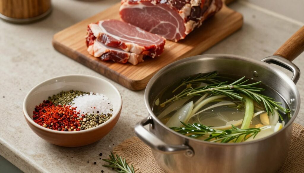 A rustic kitchen countertop showcases two contrasting methods of meat curing: on the left, a bowl of vibrant spices, salt, and herbs for dry curing, and on the right, a pot filled with aromatic brine, vegetables, and fresh herbs for wet curing. In the background, a wooden cutting board displays freshly cut, marinated meat ready for smoking. The soft, warm lighting creates an inviting atmosphere, highlighting the textures of the spices and the sheen of the brine. Shot from a slightly elevated angle, this scene evokes a sense of tradition and craftsmanship associated with preparing smoked meats. The overall mood is cozy and homely, perfect for illustrating the differences between dry and wet curing methods. A rustic kitchen countertop showcases two contrasting methods of meat curing: on the left, a bowl of vibrant spices, salt, and herbs for dry curing, and on the right, a pot filled with aromatic brine, vegetables, and fresh herbs for wet curing. In the background, a wooden cutting board displays freshly cut, marinated meat ready for smoking. The soft, warm lighting creates an inviting atmosphere, highlighting the textures of the spices and the sheen of the brine. Shot from a slightly elevated angle, this scene evokes a sense of tradition and craftsmanship associated with preparing smoked meats. The overall mood is cozy and homely, perfect for illustrating the differences between dry and wet curing methods.