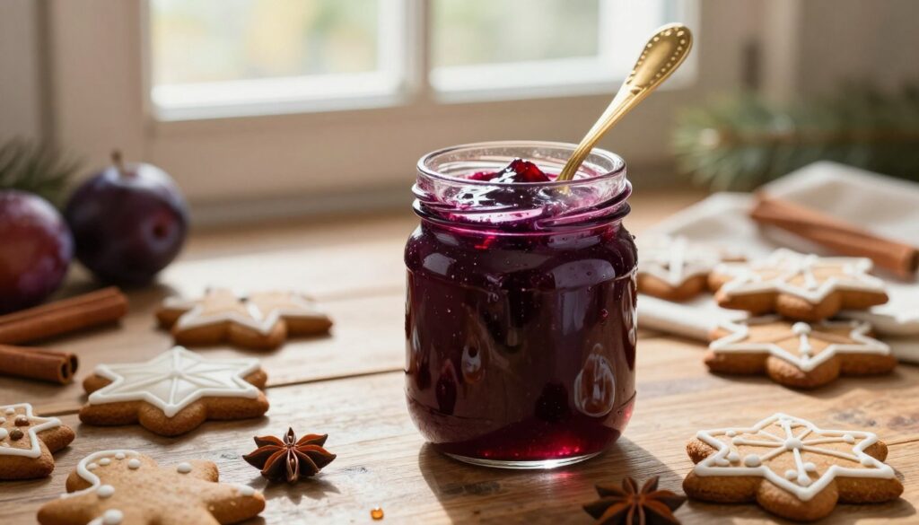 A rustic kitchen scene featuring a jar of rich, deep purple plum preserves (powideł śliwkowych) prominently placed in the foreground. The jar is opened, with a golden spoon resting beside it, glistening with sticky syrup. Surrounding the jar are freshly baked gingerbread cookies, decorated with delicate icing designs, creating a warm, inviting atmosphere. In the middle ground, a wooden table adorned with seasonal decorations, such as scattered cinnamon sticks and star anise, enhances the festive mood. A softly glowing window in the background allows warm, natural light to filter in, casting gentle shadows and adding depth. The image captures the essence of holiday baking, conveying warmth, nostalgia, and culinary joy. A rustic kitchen scene featuring a jar of rich, deep purple plum preserves (powideł śliwkowych) prominently placed in the foreground. The jar is opened, with a golden spoon resting beside it, glistening with sticky syrup. Surrounding the jar are freshly baked gingerbread cookies, decorated with delicate icing designs, creating a warm, inviting atmosphere. In the middle ground, a wooden table adorned with seasonal decorations, such as scattered cinnamon sticks and star anise, enhances the festive mood. A softly glowing window in the background allows warm, natural light to filter in, casting gentle shadows and adding depth. The image captures the essence of holiday baking, conveying warmth, nostalgia, and culinary joy.
