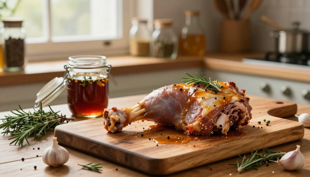 A rustic kitchen scene featuring a large wooden cutting board with marinated turkey leg garnished with herbs. In the foreground, fresh ingredients like garlic, rosemary, and thyme are scattered artfully around the turkey. The middle layer includes an open jar of marinade, showcasing rich colors of soy sauce, honey, and spices. Soft, warm light filters through a window, creating a cozy atmosphere that highlights the textures of the meat and ingredients. In the background, blurred shelves display various spices and cooking utensils, enhancing the feeling of a homely, culinary workspace. The image captures the essence of marinating meat, emphasizing preparation time and flavorful combinations for a juicy outcome.