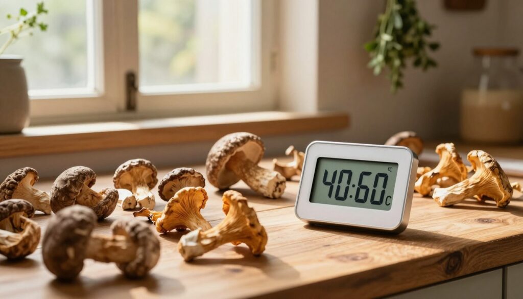 A rustic kitchen setting with dried mushrooms arranged on a wooden table, showcasing various types such as porcini, chanterelles, and shiitakes. In the foreground, a digital thermometer displays a temperature reading of around 40-60°C, signifying the optimal drying temperature for mushrooms. The middle ground features an open window allowing soft, warm sunlight to illuminate the scene, creating a cozy atmosphere. In the background, there are herbs hanging from the ceiling, enhancing the natural feel of the kitchen. The overall mood is warm and inviting, highlighting the importance of careful drying techniques to preserve aroma. The composition captures the essence of homemade mushroom drying, with focus on both the subject and the techniques used.