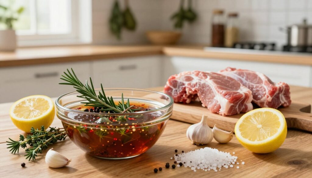 A rustic kitchen table adorned with various ingredients to create a flavorful marinade for pork neck. In the foreground, a large clear glass bowl filled with a rich, dark marinade featuring fresh herbs like rosemary and thyme, garlic cloves, and spices like peppercorns and paprika. Beside the bowl, there are fresh lemons cut in half and a handful of coarse sea salt. In the middle ground, a wooden cutting board displays three succulent pieces of pork neck, ready to be marinated. The background reveals a well-lit kitchen with hanging herbs and spices, conveying a warm and inviting atmosphere. Soft, natural light from a nearby window enhances the textures and colors of the ingredients, creating a cozy ambiance. A rustic kitchen table adorned with various ingredients to create a flavorful marinade for pork neck. In the foreground, a large clear glass bowl filled with a rich, dark marinade featuring fresh herbs like rosemary and thyme, garlic cloves, and spices like peppercorns and paprika. Beside the bowl, there are fresh lemons cut in half and a handful of coarse sea salt. In the middle ground, a wooden cutting board displays three succulent pieces of pork neck, ready to be marinated. The background reveals a well-lit kitchen with hanging herbs and spices, conveying a warm and inviting atmosphere. Soft, natural light from a nearby window enhances the textures and colors of the ingredients, creating a cozy ambiance.