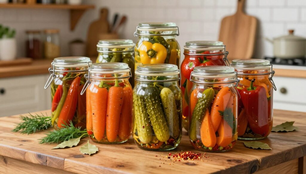 A rustic wooden table in a cozy kitchen setting, showcasing a vibrant array of spicy pickled vegetables in glass jars. The jars are filled with colorful carrots, cucumbers, and bell peppers, all glistening with a tangy marinade. Fresh herbs like dill and bay leaves accentuate the display, while a sprinkle of chili flakes adds a hint of spice. In the background, a softly focused view of a warm, inviting kitchen with wooden shelves filled with spices and cooking utensils creates a homely atmosphere. Bright, natural lighting bathes the scene, highlighting the textures and colors of the vegetables. The image captures a sense of warmth, culinary passion, and the joy of home-cooked meals.
