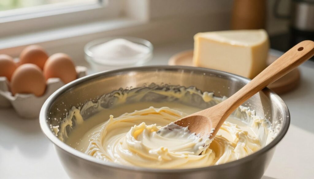 A soft-focus composition showcases a creamy cheese mixture in a gleaming stainless steel mixing bowl. In the foreground, a wooden spoon rests against the bowl, speckled with remnants of the velvety mixture. The middle ground features a countertop adorned with fresh ingredients, such as eggs, sugar, and a block of cream cheese, all arranged neatly. Delicate sunlight filters through a nearby window, casting a warm glow that highlights the textures of the ingredients and creates gentle shadows. In the background, subtle hints of kitchen tools and utensils are visible, adding to the homey atmosphere. The mood is serene and inviting, suggesting a comforting baking environment, perfect for preparing a cheesecake base.