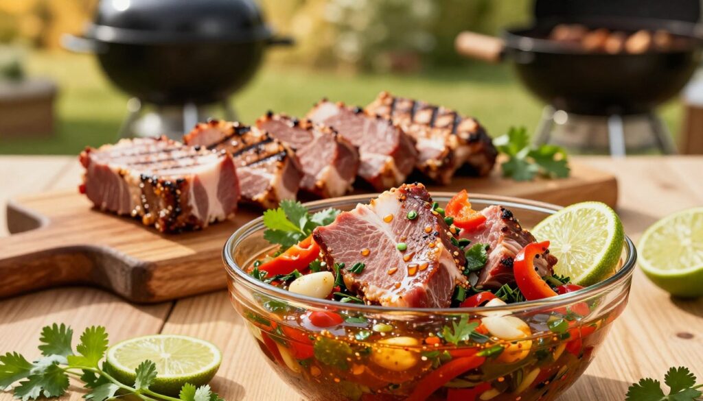 A vibrant and appetizing scene showcasing "marynata karkówki" — a marinated pork neck, beautifully presented in an elegant glass bowl filled with a rich, spicy marinade featuring herbs, garlic, and vibrant peppers. In the foreground, focus on the succulent meat glistening with marinade droplets, surrounded by fresh coriander and sliced lime. In the middle, place a rustic wooden cutting board where the marinated meat is artistically arranged with grill marks. In the background, softly blurred, depict a sunny outdoor setting with a barbecue grill and greenery, suggesting a summer atmosphere. The lighting is warm and inviting, casting a golden hue, enhancing the dish's appeal. Capture this scene from a slightly elevated angle to highlight the textures and colors, evoking exotic inspirations for meat marination. A vibrant and appetizing scene showcasing "marynata karkówki" — a marinated pork neck, beautifully presented in an elegant glass bowl filled with a rich, spicy marinade featuring herbs, garlic, and vibrant peppers. In the foreground, focus on the succulent meat glistening with marinade droplets, surrounded by fresh coriander and sliced lime. In the middle, place a rustic wooden cutting board where the marinated meat is artistically arranged with grill marks. In the background, softly blurred, depict a sunny outdoor setting with a barbecue grill and greenery, suggesting a summer atmosphere. The lighting is warm and inviting, casting a golden hue, enhancing the dish's appeal. Capture this scene from a slightly elevated angle to highlight the textures and colors, evoking exotic inspirations for meat marination.