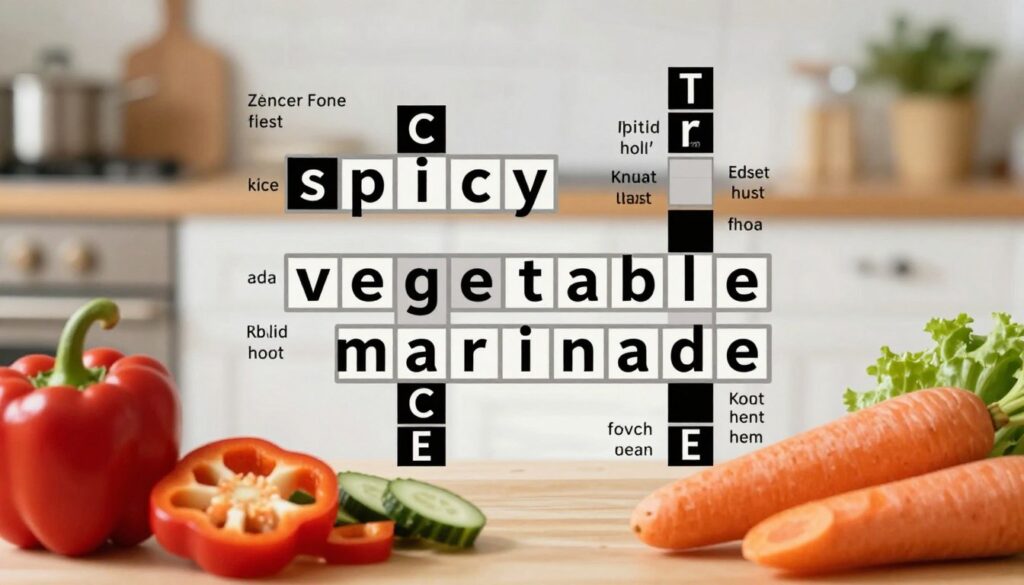 A vibrant and artistic representation of a crossword puzzle featuring the phrase "spicy vegetable marinade" intricately woven into its grid. In the foreground, elements of colorful sliced vegetables like peppers, cucumbers, and carrots are artistically arranged, hinting at the recipe theme. In the middle ground, the crossword puzzle grid is prominent and visually engaging, with clues subtly incorporated around it. The background features a soft-focus kitchen setting, reminiscent of a cozy cooking space, bathed in warm light enhancing the inviting atmosphere. A shallow depth of field emphasizes the crossword, creating a playful yet elegant mood, perfect for illustrating a culinary article while maintaining a professional aesthetic. A vibrant and artistic representation of a crossword puzzle featuring the phrase "spicy vegetable marinade" intricately woven into its grid. In the foreground, elements of colorful sliced vegetables like peppers, cucumbers, and carrots are artistically arranged, hinting at the recipe theme. In the middle ground, the crossword puzzle grid is prominent and visually engaging, with clues subtly incorporated around it. The background features a soft-focus kitchen setting, reminiscent of a cozy cooking space, bathed in warm light enhancing the inviting atmosphere. A shallow depth of field emphasizes the crossword, creating a playful yet elegant mood, perfect for illustrating a culinary article while maintaining a professional aesthetic.