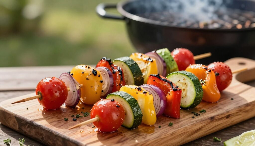 A vibrant, close-up image of grilled vegetable skewers, featuring a variety of colorful vegetables such as bell peppers, zucchini, cherry tomatoes, and red onions, all perfectly charred and glistening with a light marinade. The skewers are arranged artistically on a rustic wooden cutting board, with fresh herbs sprinkled around for added color and aroma. In the background, a barbecue grill smokes gently, hinting at a light, smoky ambiance. The scene is illuminated with warm, natural sunlight, creating a cozy outdoor atmosphere. Capture a shallow depth of field to focus on the delicious details of the skewers while softly blurring the background. The overall mood should be inviting and appetizing, perfect for a summer gathering. A vibrant, close-up image of grilled vegetable skewers, featuring a variety of colorful vegetables such as bell peppers, zucchini, cherry tomatoes, and red onions, all perfectly charred and glistening with a light marinade. The skewers are arranged artistically on a rustic wooden cutting board, with fresh herbs sprinkled around for added color and aroma. In the background, a barbecue grill smokes gently, hinting at a light, smoky ambiance. The scene is illuminated with warm, natural sunlight, creating a cozy outdoor atmosphere. Capture a shallow depth of field to focus on the delicious details of the skewers while softly blurring the background. The overall mood should be inviting and appetizing, perfect for a summer gathering.