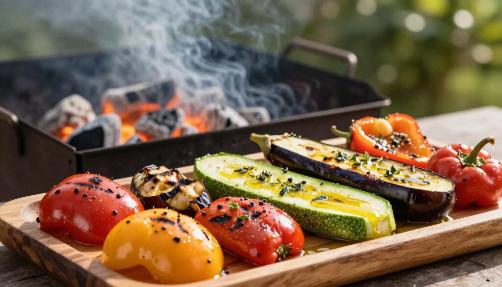 A vibrant display of assorted grilled vegetables, including bell peppers, zucchini, and eggplant, glistening with a light coating of golden olive oil and herbs. In the foreground, the vegetables are arranged neatly on a rustic wooden platter, showcasing their rich colors and textures. The middle ground features glowing charcoal in a grill, creating a warm, smoky atmosphere with wisps of aromatic smoke curling into the air. The background hints at a sunlit outdoor setting with blurred green foliage, suggesting a relaxed summer ambiance. Soft, natural lighting enhances the freshness of the ingredients, while a slightly angled view captures the essence of outdoor grilling. The overall mood is inviting and gourmet, celebrating the role of olive oil and marinades in elevating grilled vegetables. A vibrant display of assorted grilled vegetables, including bell peppers, zucchini, and eggplant, glistening with a light coating of golden olive oil and herbs. In the foreground, the vegetables are arranged neatly on a rustic wooden platter, showcasing their rich colors and textures. The middle ground features glowing charcoal in a grill, creating a warm, smoky atmosphere with wisps of aromatic smoke curling into the air. The background hints at a sunlit outdoor setting with blurred green foliage, suggesting a relaxed summer ambiance. Soft, natural lighting enhances the freshness of the ingredients, while a slightly angled view captures the essence of outdoor grilling. The overall mood is inviting and gourmet, celebrating the role of olive oil and marinades in elevating grilled vegetables.