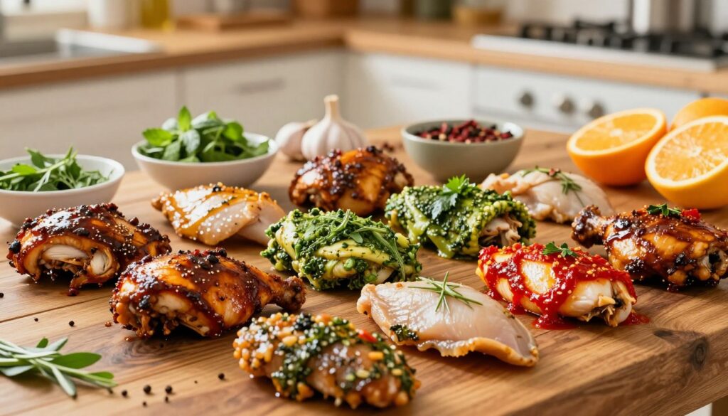 A vibrant display of diverse chicken marinades beautifully arranged on a rustic wooden table. In the foreground, showcase a variety of marinated chicken fillets, each glistening with different colors and textures—some with a rich, deep brown marinade, others with bright green herb-infused coatings, and a few with a spicy red chili glaze. In the middle ground, include bowls filled with fresh herbs, garlic, spices, and citrus fruits, emphasizing the varied flavor profiles. The background features a soft-focus kitchen setting, illuminated by warm, natural light, creating a cozy and inviting atmosphere. Use a shallow depth of field to draw attention to the marinades while gently blurring the background, enhancing the visual appeal of this culinary scene.