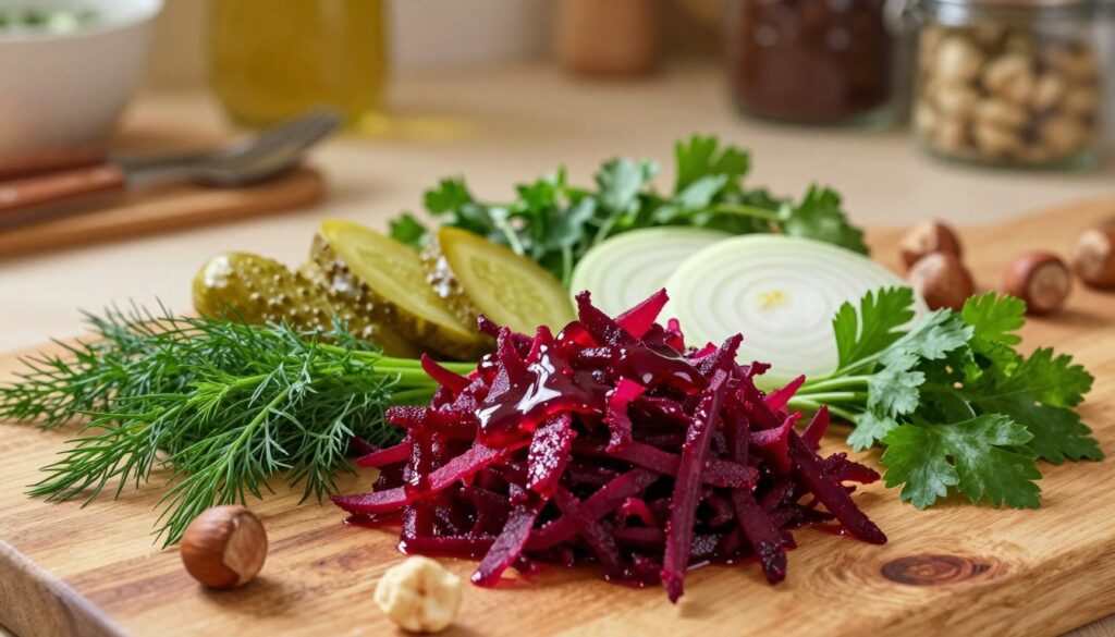 A vibrant display of "dodatki buraczki" arranged artistically on a rustic wooden table. In the foreground, a bowl of finely grated beets glistens with a drizzle of tangy, sweet vinaigrette. Surrounding the beets, fresh herbs like dill and parsley are sprinkled for color and aroma. In the middle, slices of pickled cucumbers and aromatic onions add texture and contrast, while a few whole hazelnuts provide a crunchy element. The background features soft, blurred silhouettes of kitchen utensils and jars, suggesting a cozy kitchen setting. Warm, natural lighting casts a soft glow, enhancing the fresh ingredients and creating an inviting atmosphere, perfect for dinner. The perspective is slightly overhead, capturing the vibrant colors and textures in detail without any text or distractions. A vibrant display of "dodatki buraczki" arranged artistically on a rustic wooden table. In the foreground, a bowl of finely grated beets glistens with a drizzle of tangy, sweet vinaigrette. Surrounding the beets, fresh herbs like dill and parsley are sprinkled for color and aroma. In the middle, slices of pickled cucumbers and aromatic onions add texture and contrast, while a few whole hazelnuts provide a crunchy element. The background features soft, blurred silhouettes of kitchen utensils and jars, suggesting a cozy kitchen setting. Warm, natural lighting casts a soft glow, enhancing the fresh ingredients and creating an inviting atmosphere, perfect for dinner. The perspective is slightly overhead, capturing the vibrant colors and textures in detail without any text or distractions.