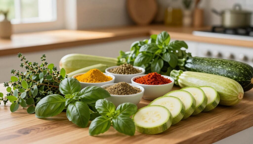 A vibrant display of fresh zucchini herbs on a wooden kitchen countertop. In the foreground, a variety of herbs such as basil, oregano, and thyme are arranged artfully around whole and sliced zucchini. The middle section features an array of colorful spices in small bowls, showcasing shades of yellow, red, and green, reflecting the aromas that enhance zucchini dishes. The background softly blurs, revealing hints of rustic kitchen utensils and a warm, ambient light streaming through a window, creating a cozy cooking atmosphere. The lighting should have a natural, soft glow, with a focus on the textures of the herbs and zucchini, evoking a sense of freshness and culinary inspiration.