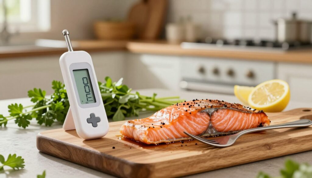 A vibrant kitchen scene featuring a perfectly cooked salmon fillet on a wooden cutting board. In the foreground, a digital cooking thermometer is poised next to the salmon, indicating the ideal internal temperature for doneness. A fork rests beside the fish, ready for the flake test, showcasing the delicate texture of the salmon. In the middle ground, an array of fresh herbs and lemon wedges add color and freshness to the composition. The background reveals a softly lit kitchen with warm, inviting tones, highlighting a rustic ambiance. Natural light filters through a window, creating gentle shadows and a cozy atmosphere, ideal for showcasing the culinary mastery behind a perfectly cooked salmon.