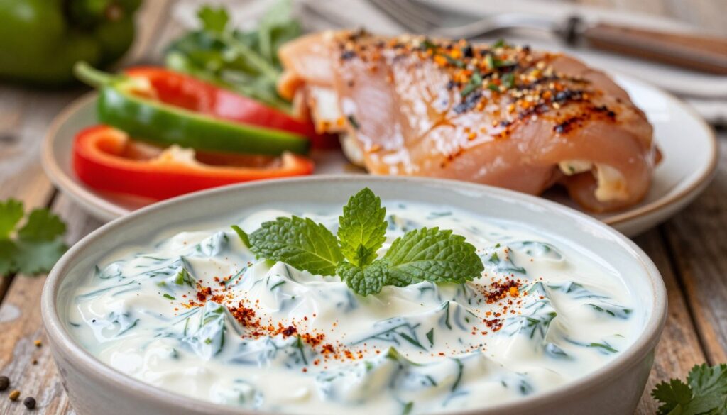 A vibrant, mouthwatering scene featuring a bowl of creamy yogurt-herb marinade, rich in colors and textures, designed for marinating chicken breasts. The foreground highlights the marinade, a mix of white yogurt blended with fresh green herbs like cilantro, mint, and spices such as cumin and coriander, garnished with a sprinkle of paprika. The middle ground showcases marinated chicken breasts, glistening with the marinade, ready to be grilled, surrounded by fresh vegetables like bell peppers and onions. The background softly fades into a rustic wooden table with herbs and grilling tools, evoking an inviting outdoor grilling atmosphere. The image is illuminated by warm, natural lighting, capturing the freshness of the ingredients, with a shallow depth of field that emphasizes the marinade and chicken, creating an appetizing and inviting mood.