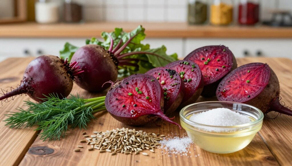 A vibrant still-life composition showcasing an assortment of beautifully seasoned beets on a rustic wooden table. In the foreground, highlight a variety of spices such as dill, caraway seeds, and a sprinkle of sugar beside a small bowl of apple cider vinegar, all arranged artfully. The middle ground should feature sliced, roasted beets, garnished with fresh herbs, glistening under natural soft light. In the background, a blurred kitchen setting with wooden shelves displaying jars of more spices and ingredients enhances the homely atmosphere. Capture the scene from a slightly elevated angle, focusing on the textures and colors of the ingredients, creating a warm and inviting mood, perfect for illustrating culinary creativity and flavor harmony. A vibrant still-life composition showcasing an assortment of beautifully seasoned beets on a rustic wooden table. In the foreground, highlight a variety of spices such as dill, caraway seeds, and a sprinkle of sugar beside a small bowl of apple cider vinegar, all arranged artfully. The middle ground should feature sliced, roasted beets, garnished with fresh herbs, glistening under natural soft light. In the background, a blurred kitchen setting with wooden shelves displaying jars of more spices and ingredients enhances the homely atmosphere. Capture the scene from a slightly elevated angle, focusing on the textures and colors of the ingredients, creating a warm and inviting mood, perfect for illustrating culinary creativity and flavor harmony.