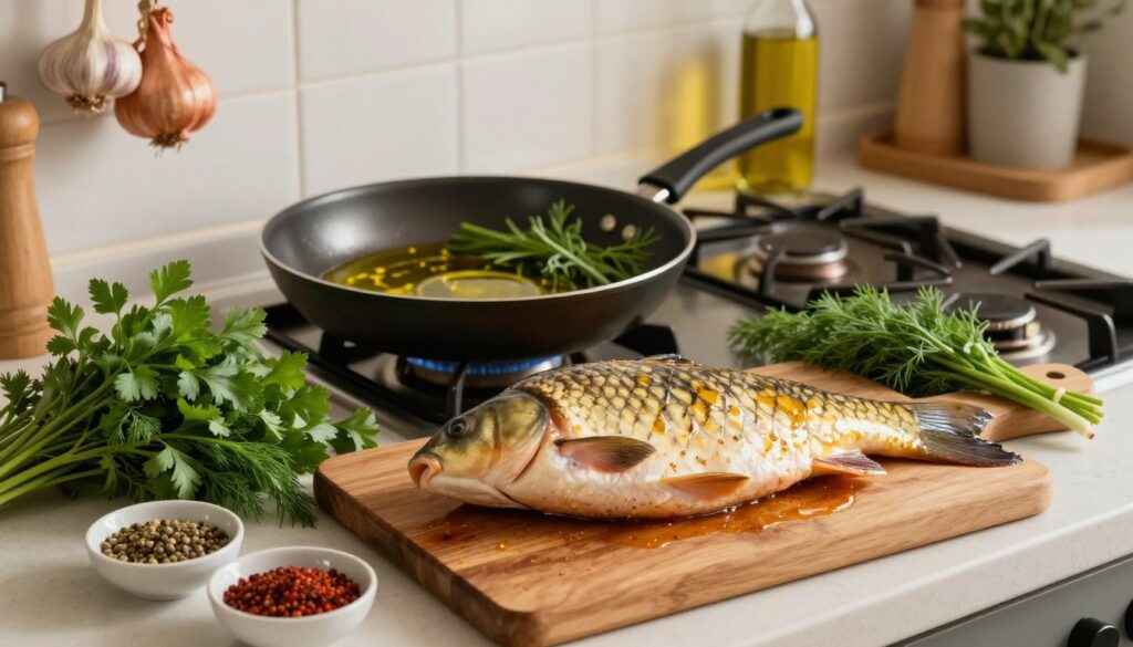 A well-lit kitchen countertop scene focused on the preparation of fish, specifically a carp ready for frying. In the foreground, a beautifully arranged carp fillet, glistening with marinade, sits on a wooden cutting board. Surrounding it are fresh herbs like parsley and dill, along with spices in small bowls, emphasizing the seasoning process. In the middle ground, there’s a skillet preheating on a stovetop, adorned with vibrant herbs and a splash of olive oil. The background features a cozy kitchen atmosphere with soft, warm lighting, illuminating hanging garlic and onions. The overall mood is a blend of warmth and anticipation, capturing the essence of culinary preparation. The angle is slightly overhead, allowing for a comprehensive view of the ingredients and tools. A well-lit kitchen countertop scene focused on the preparation of fish, specifically a carp ready for frying. In the foreground, a beautifully arranged carp fillet, glistening with marinade, sits on a wooden cutting board. Surrounding it are fresh herbs like parsley and dill, along with spices in small bowls, emphasizing the seasoning process. In the middle ground, there’s a skillet preheating on a stovetop, adorned with vibrant herbs and a splash of olive oil. The background features a cozy kitchen atmosphere with soft, warm lighting, illuminating hanging garlic and onions. The overall mood is a blend of warmth and anticipation, capturing the essence of culinary preparation. The angle is slightly overhead, allowing for a comprehensive view of the ingredients and tools.
