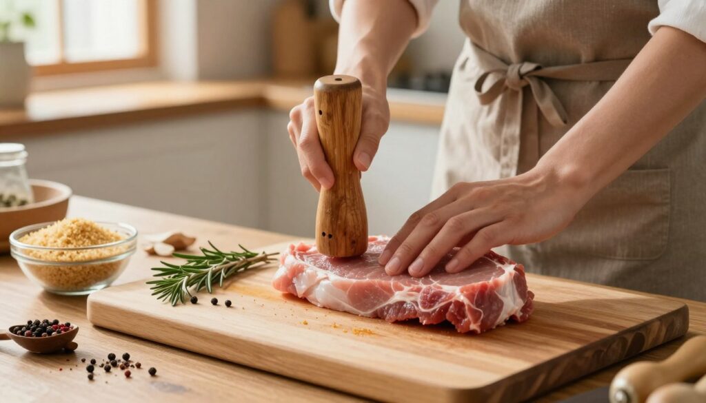 A well-lit kitchen scene focused on the technique of meat tenderizing. In the foreground, a person wearing a professional apron is using a meat mallet to gently pound a thick pork chop on a sturdy cutting board. The mallet is made of wood, highlighting traditional cooking methods. In the middle, various spices and herbs are arranged aesthetically, symbolizing flavor enhancement, while a bowl of seasoned breadcrumbs sits nearby. The background features a softly blurred kitchen setting with warm light streaming through a window, creating a cozy and inviting atmosphere. The image captures the essence of cooking with care and passion, showcasing the process to achieve tender, golden pork chops. A well-lit kitchen scene focused on the technique of meat tenderizing. In the foreground, a person wearing a professional apron is using a meat mallet to gently pound a thick pork chop on a sturdy cutting board. The mallet is made of wood, highlighting traditional cooking methods. In the middle, various spices and herbs are arranged aesthetically, symbolizing flavor enhancement, while a bowl of seasoned breadcrumbs sits nearby. The background features a softly blurred kitchen setting with warm light streaming through a window, creating a cozy and inviting atmosphere. The image captures the essence of cooking with care and passion, showcasing the process to achieve tender, golden pork chops.