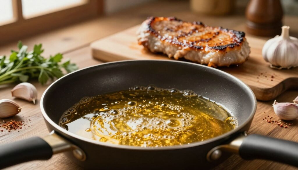 An elegant kitchen setting featuring a small pot of golden frying fat, specifically for cooking pork cutlets. In the foreground, capture a close-up of the pot filled with sizzling oil, tiny bubbles rising to the surface, reflecting warm light. Surround the pot with essential ingredients for flavoring, like fresh herbs, garlic cloves, and a sprinkle of seasoning. In the middle ground, include a well-seasoned pork cutlet, beautifully browned and glistening under soft, natural light. The background should depict a rustic wooden countertop with hints of traditional kitchenware, enhancing the cozy, homely atmosphere. The lighting should be warm and inviting, emulating the feeling of a home-cooked meal, with a shallow depth of field to keep the focus on the frying fat and cutlet. An elegant kitchen setting featuring a small pot of golden frying fat, specifically for cooking pork cutlets. In the foreground, capture a close-up of the pot filled with sizzling oil, tiny bubbles rising to the surface, reflecting warm light. Surround the pot with essential ingredients for flavoring, like fresh herbs, garlic cloves, and a sprinkle of seasoning. In the middle ground, include a well-seasoned pork cutlet, beautifully browned and glistening under soft, natural light. The background should depict a rustic wooden countertop with hints of traditional kitchenware, enhancing the cozy, homely atmosphere. The lighting should be warm and inviting, emulating the feeling of a home-cooked meal, with a shallow depth of field to keep the focus on the frying fat and cutlet.
