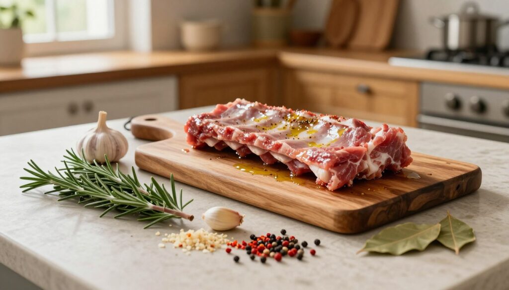 An enticing overhead view of a rustic kitchen counter, showcasing an array of fresh ingredients for marinating pork ribs. In the foreground, there are vibrant sprigs of rosemary, crushed garlic cloves, and colorful spices like paprika, black pepper, and bay leaves scattered artistically. In the middle, place a polished wooden cutting board with the ribs, glistening with olive oil and seasoning, ready for marination. The background features a softly lit kitchen with warm-toned wood cabinets and an assortment of cooking utensils, creating a cozy atmosphere. Soft, natural daylight filters through a window, enhancing the freshness of the ingredients and evoking a warm, inviting mood. The composition should be appetizing and neatly organized, reflecting the essence of preparation before cooking. An enticing overhead view of a rustic kitchen counter, showcasing an array of fresh ingredients for marinating pork ribs. In the foreground, there are vibrant sprigs of rosemary, crushed garlic cloves, and colorful spices like paprika, black pepper, and bay leaves scattered artistically. In the middle, place a polished wooden cutting board with the ribs, glistening with olive oil and seasoning, ready for marination. The background features a softly lit kitchen with warm-toned wood cabinets and an assortment of cooking utensils, creating a cozy atmosphere. Soft, natural daylight filters through a window, enhancing the freshness of the ingredients and evoking a warm, inviting mood. The composition should be appetizing and neatly organized, reflecting the essence of preparation before cooking.