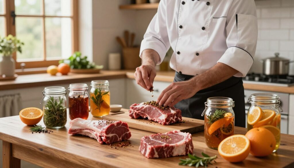 An exquisite and inviting kitchen scene showcasing various meat marination techniques. In the foreground, a beautifully arranged wooden table displays different cuts of deer meat surrounded by an array of marinades in glass jars, including herbs, spices, and citrus fruits. In the middle, a skilled chef, dressed in professional attire, expertly rubs a marinade onto a piece of meat with a focused expression, embodying the art of marination. In the background, the warm glow of natural light spills through a window, illuminating the fresh ingredients and creating an inviting, homey atmosphere. The overall mood is one of culinary passion and warmth, perfect for capturing the essence of deep flavor enhancement in meat preparations.