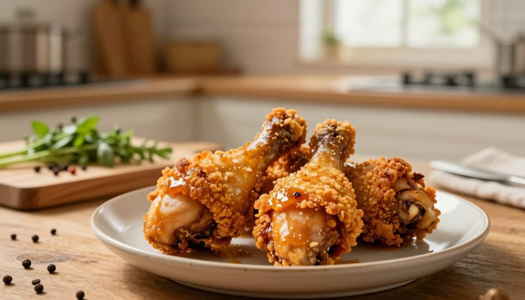 Crispy chicken drumsticks in a rustic kitchen setting. The foreground features a beautifully plated dish with golden-brown, crispy-skinned chicken drumsticks, glistening with a savory glaze. Each piece is perfectly cooked, showcasing the enticing texture of the crunchy skin. In the middle ground, a wooden cutting board holds fresh herbs and spices, hinting at the cooking techniques used for this dish. In the background, a warm and inviting kitchen ambiance is enhanced by soft, natural lighting filtering through a window, creating gentle shadows. The overall mood is cozy and appetizing, captivating the viewer’s attention to the deliciousness of perfectly cooked chicken. The image should have a shallow depth of field, emphasizing the drumsticks while softly blurring the background.