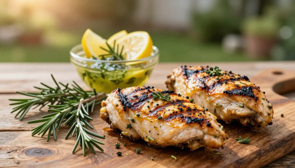 Grilled chicken breasts served on a rustic wooden table, marinated in a zesty lemon and herb marinade. The chicken is beautifully charred with grill marks, succulent and glistening. In the foreground, there are fresh sprigs of rosemary and thyme scattered artistically around the dish, adding a pop of green. In the middle, a small bowl of the lemon-herb marinade with citrus slices and herbs looks inviting, hinting at freshness. The background features a softly blurred garden setting with greenery, creating a relaxed outdoor cooking atmosphere. The warm, golden hour lighting enhances the appetizing colors of the chicken and herbs, inviting a sense of warmth and home-cooked comfort. The image captures a cozy, inviting mood, perfect for a summer grilling experience.