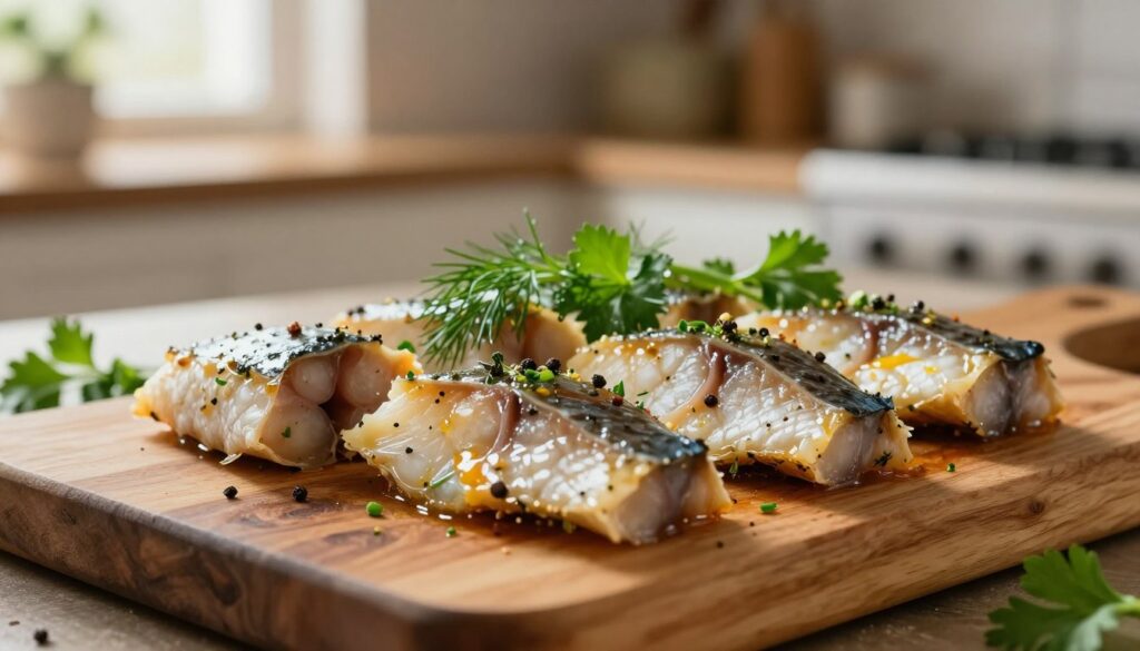 Karpia pieces marinated in vibrant spices, arranged beautifully on a rustic wooden cutting board. The fish is garnished with fresh herbs like dill and parsley, adding a splash of green. In the background, a softly blurred kitchen setting with warm, inviting light filtering through a window, creating a cozy, home-cooked atmosphere. The focus is sharp on the karpia pieces, showcasing their flaky texture and enticing color. The scene captures a sense of preparation and culinary artistry, evoking the delightful anticipation of a delicious meal. Use a macro lens to highlight the details, with soft ambient lighting to enhance the warm tones and textures. Karpia pieces marinated in vibrant spices, arranged beautifully on a rustic wooden cutting board. The fish is garnished with fresh herbs like dill and parsley, adding a splash of green. In the background, a softly blurred kitchen setting with warm, inviting light filtering through a window, creating a cozy, home-cooked atmosphere. The focus is sharp on the karpia pieces, showcasing their flaky texture and enticing color. The scene captures a sense of preparation and culinary artistry, evoking the delightful anticipation of a delicious meal. Use a macro lens to highlight the details, with soft ambient lighting to enhance the warm tones and textures.
