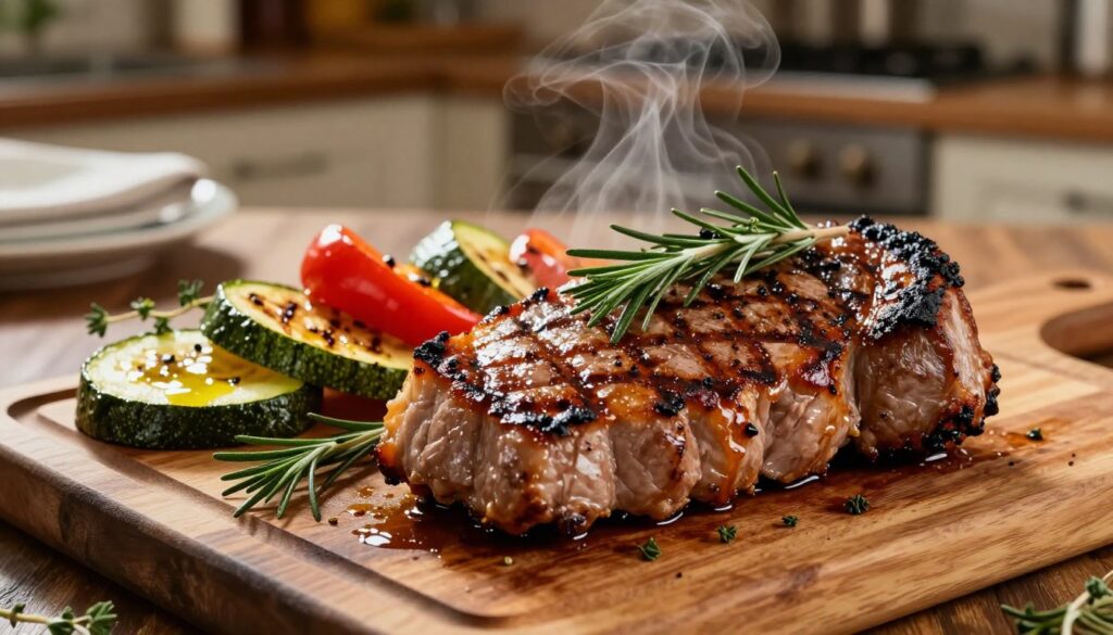 Plated grilled pork tenderloin resting on a wooden cutting board, juicy and sizzling, with steam gently rising, creating a warm, inviting atmosphere. In the foreground, the tenderloin is garnished with fresh herbs like rosemary and thyme, showcasing its rich, grilled texture with perfect sear marks. In the middle ground, colorful grilled vegetables such as bell peppers and zucchini add vibrancy, lightly glazed with olive oil. The background features a rustic kitchen setting, with warm, ambient lighting illuminating the scene, giving it a cozy feel. A blurred rustic table setting hints at a casual summer gathering, enhancing the appealing mood of savoring perfectly cooked meat after grilling. Plated grilled pork tenderloin resting on a wooden cutting board, juicy and sizzling, with steam gently rising, creating a warm, inviting atmosphere. In the foreground, the tenderloin is garnished with fresh herbs like rosemary and thyme, showcasing its rich, grilled texture with perfect sear marks. In the middle ground, colorful grilled vegetables such as bell peppers and zucchini add vibrancy, lightly glazed with olive oil. The background features a rustic kitchen setting, with warm, ambient lighting illuminating the scene, giving it a cozy feel. A blurred rustic table setting hints at a casual summer gathering, enhancing the appealing mood of savoring perfectly cooked meat after grilling.